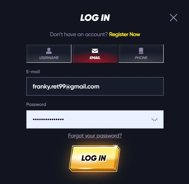 Interface de connexion QuickWin Casino